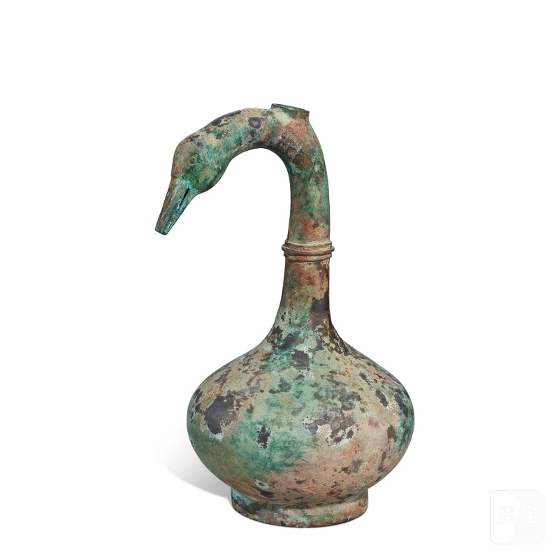 An archaic bronze 'goose' wine vessel, hu, Han dynasty | 漢 青銅鵝首壺